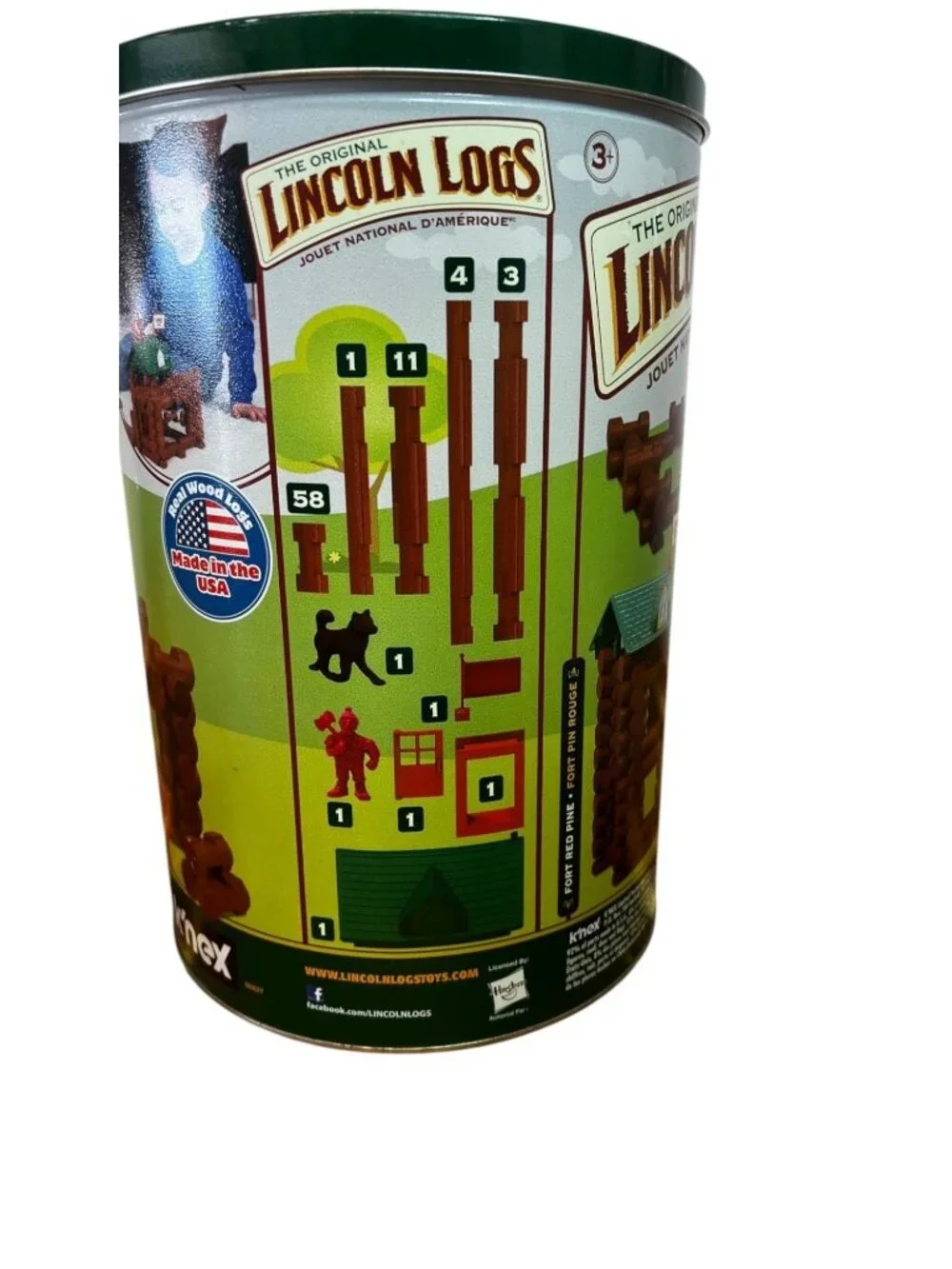 Lincoln Logs, made in the USA, includes can for storage, circa 2017